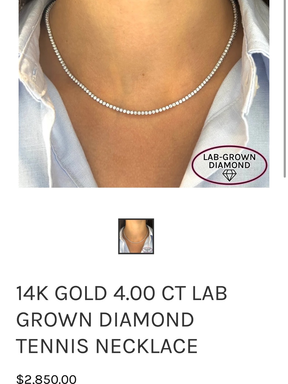 14K Gold 4.00 ct Lab-Grown Diamond Tennis Necklace — White Gold